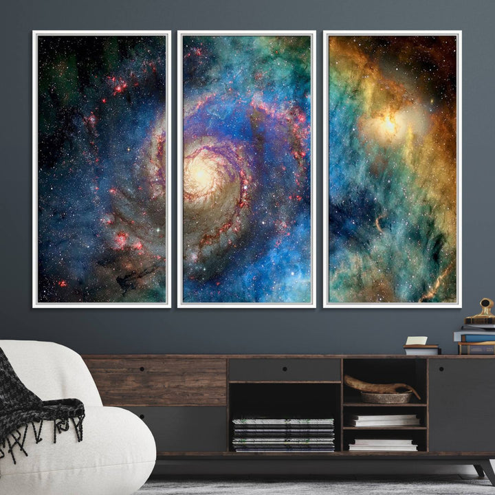 A Spiral Galaxy Wall Art Canvas Print hangs prominently.