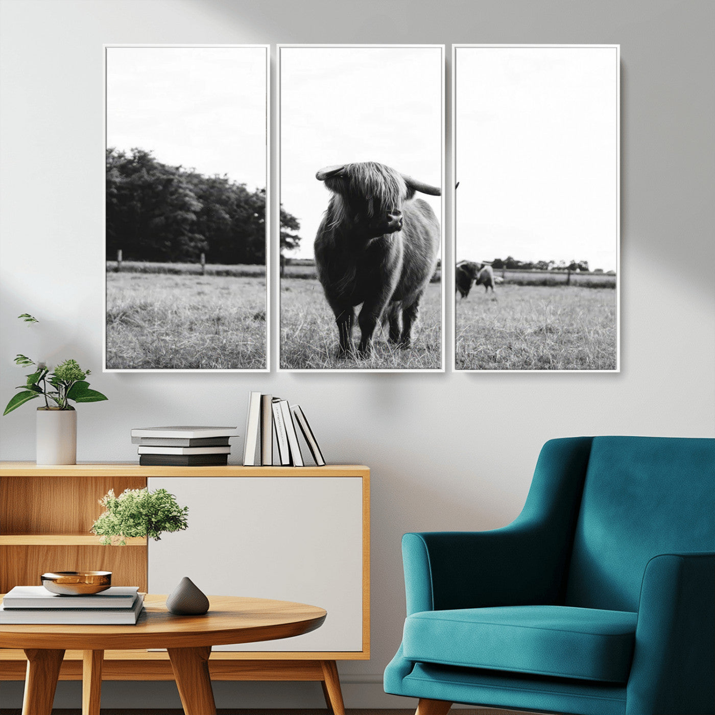 MGV-FC-48X32-3P - Black and White Highland Cow Wall Art Canvas Print | Rustic Western Decor for Living Room or Office,