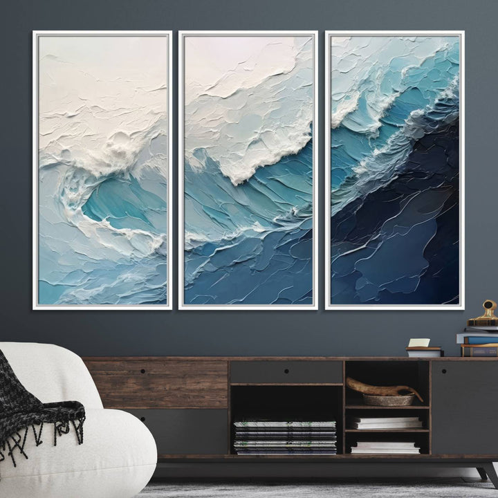 A Blue Abstract Wave Ocean Wall Art Canvas Print adorns the wall.