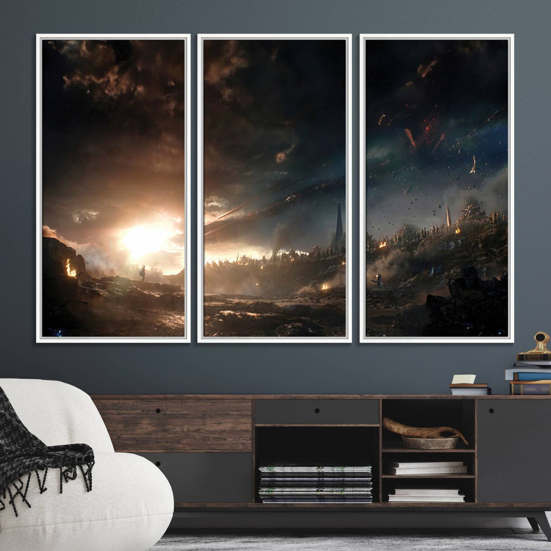 The Avengers Planet Wall Art Canvas Print depicts a stormy sky with figures.