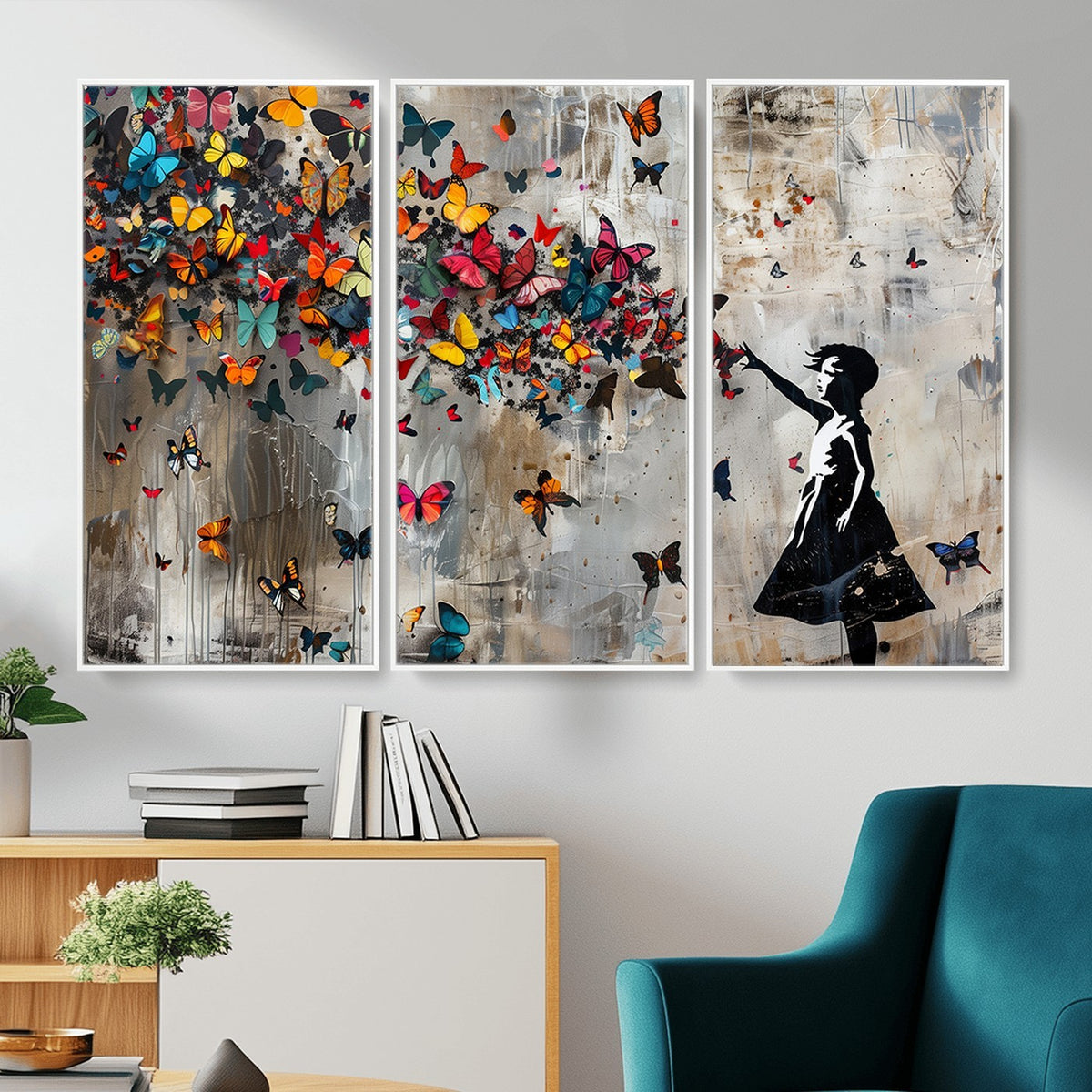 Banksy Wall Art, Banksy Girl and Butterfly Explosion Canvas Print | Extra Large 3 Piece Best Seller Wall Art