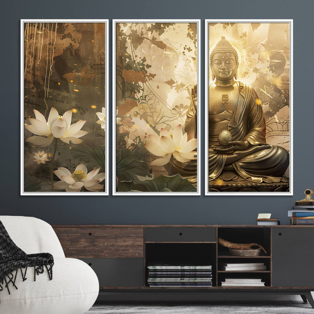 The living room features the Zen Buddha Wall Art Canvas Print with lotus flowers.