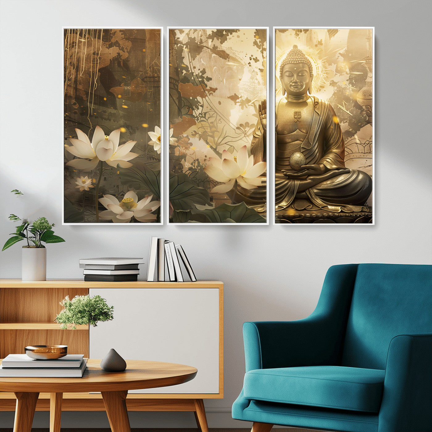 MGV-FC-48X32-3P - Zen Buddha Wall Art Canvas Print | Peaceful Meditation Decor with Lotus Flowers | Spiritual Serenity
