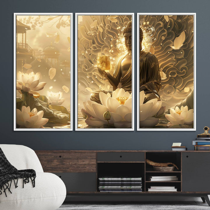 A framed Golden Buddha Wall Art with lotus flowers, ideal for meditation rooms, is beautifully displayed.