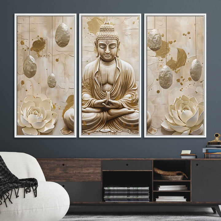 A modern Serene Buddha Wall Art, enhanced by lotus flowers, creates a tranquil atmosphere.