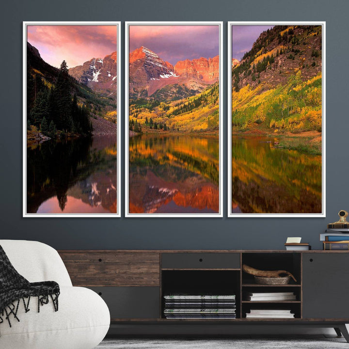 The Colorado Rockies Mountain Sunset Wall Art is a scenic nature canvas, ready to hang.