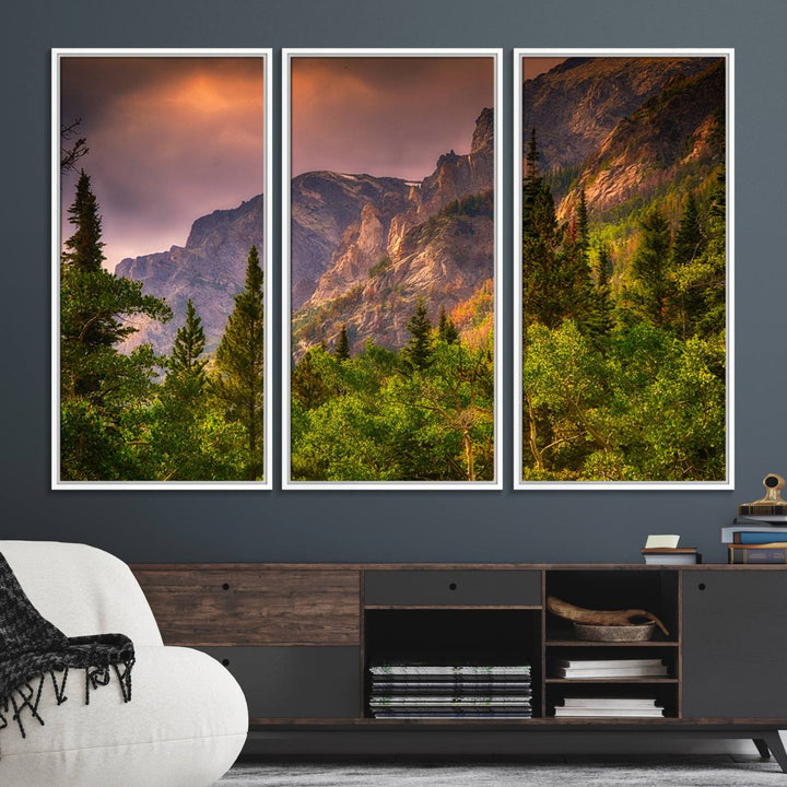 The Colorado Rockies Mountains wall art canvas print at sunset is displayed prominently.