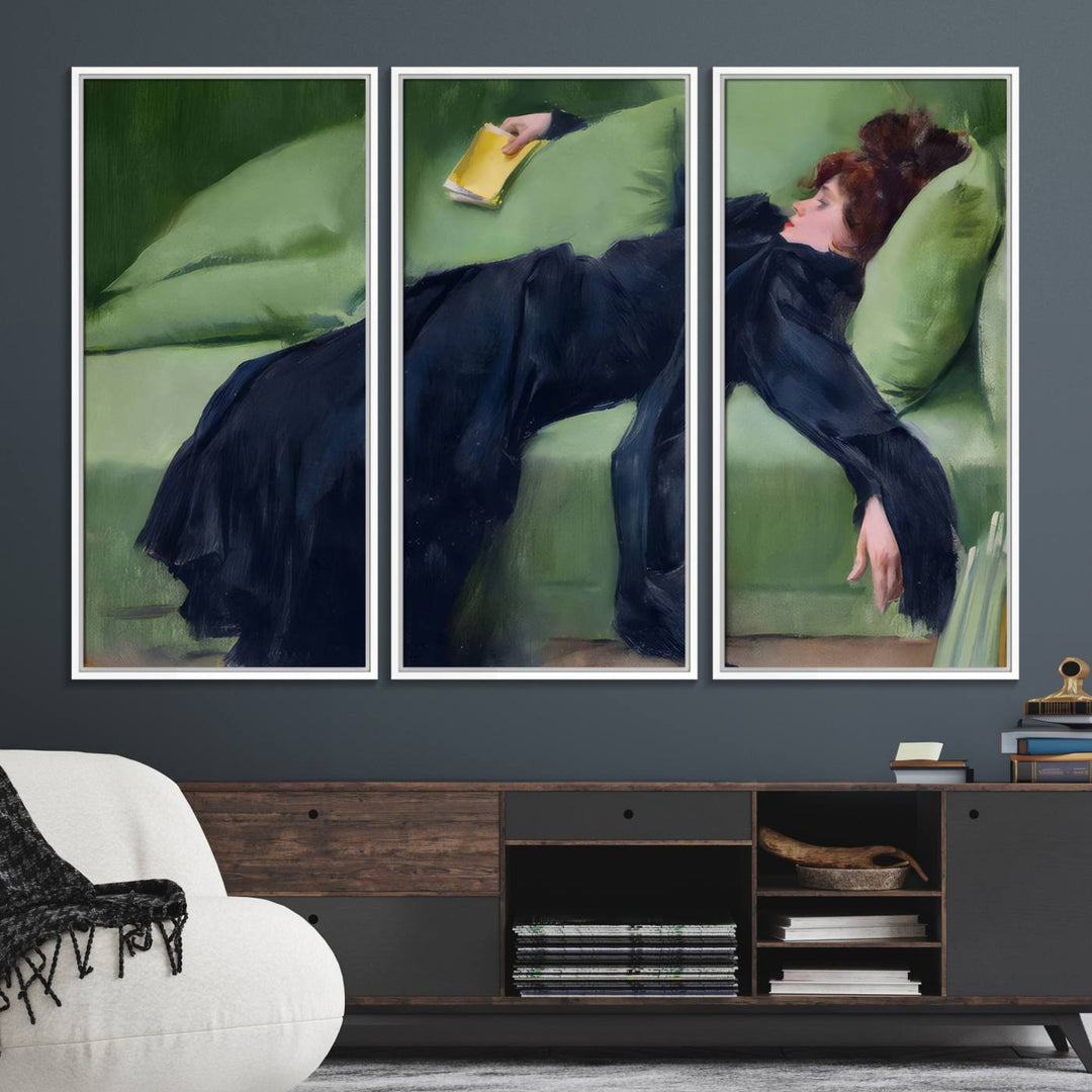 A modern kitchen features a Decadent Girl by Ramon Casas canvas print on the wall.