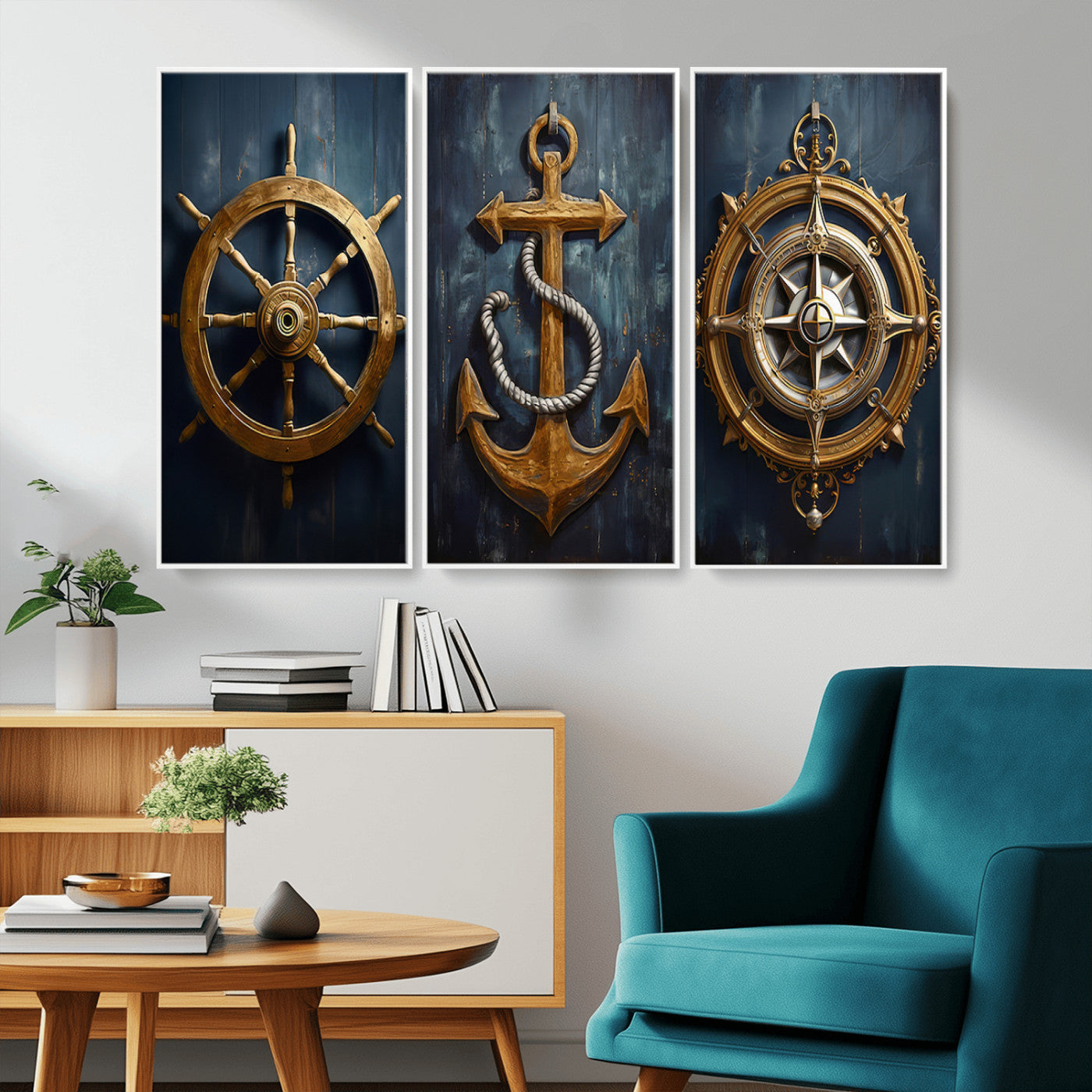 MGV-FC-48X32-3P - Boat Anchor Compass With Rope Wall Art Canvas Print | Beach House Wall Art