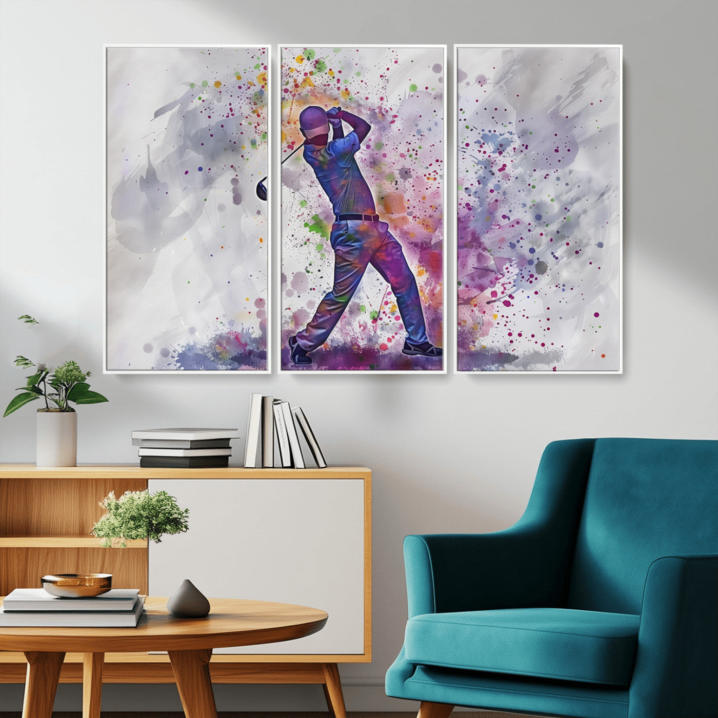 MGV-FC-48X32-3P - Watercolor Golf Swing Wall Art Canvas Print | Vibrant Abstract Golf Player Silhouette |