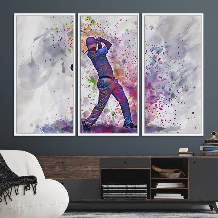 Vibrant abstract silhouette of a golf swing on white with multicolored splatters. Perfect for enthusiasts!.