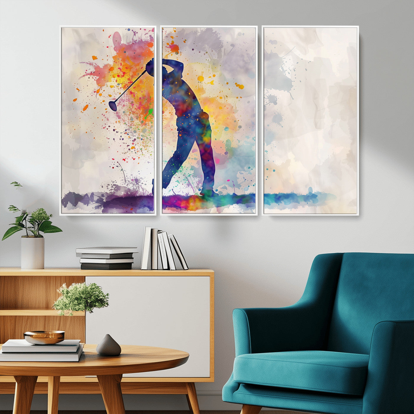 MGV-FC-48X32-3P - Watercolor Golf Swing Wall Art Canvas Print | Vibrant Abstract Golf Player Silhouette |