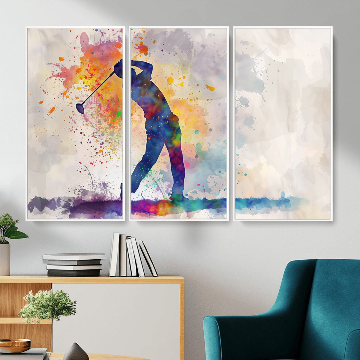 89625-MGV-CV-36X24 - Vibrant Watercolor Golf Swing Wall Art Canvas Print | Extra Large 3 Piece Canvas Wall Art