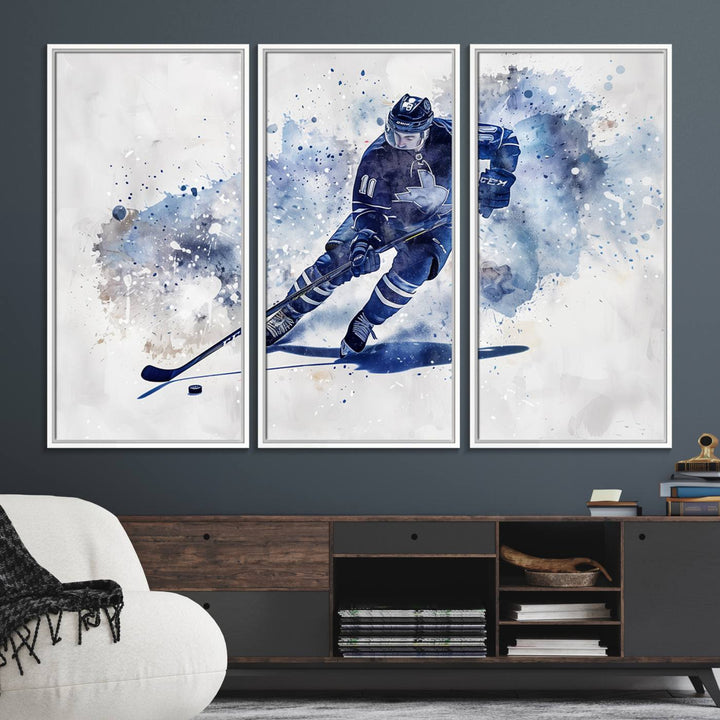 Vibrant Hockey Player Wall Art Display: Blue watercolor print.