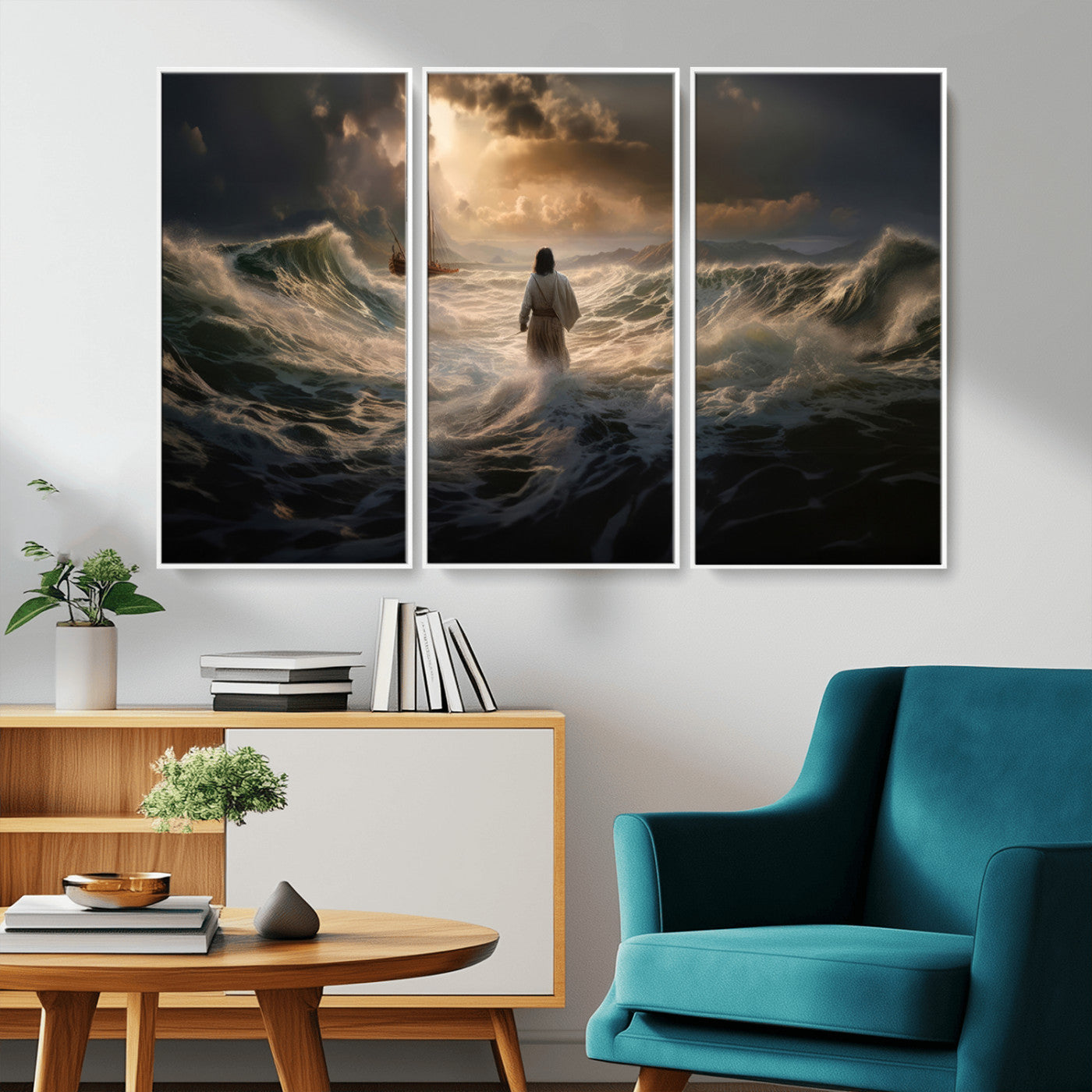 MGV-FC-48X32-3P - Jesus Walking on Water Wall Art Canvas Print - Religious Spiritual Decor - Jesus Wall Art Canvas