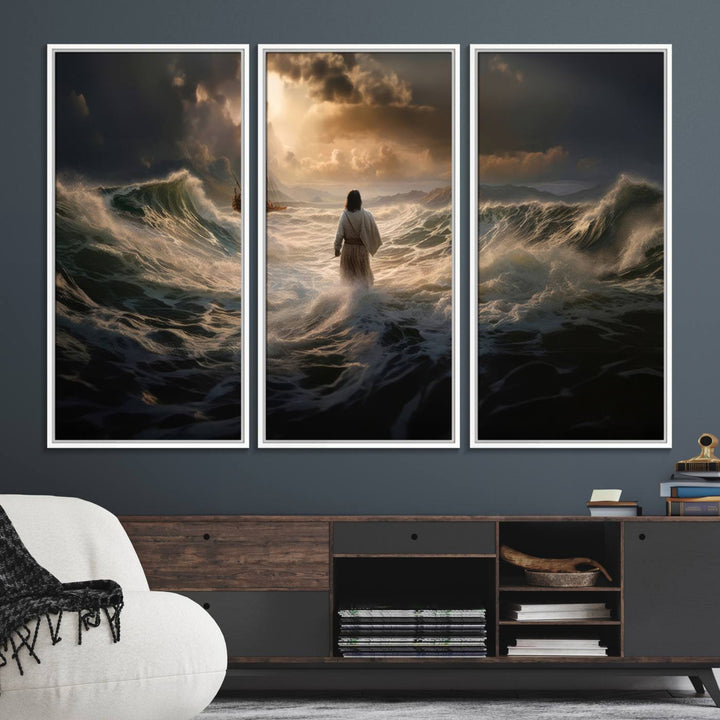 The wall art canvas print depicts a person in white striding on stormy ocean waves towards a sailboat under dramatic skies.