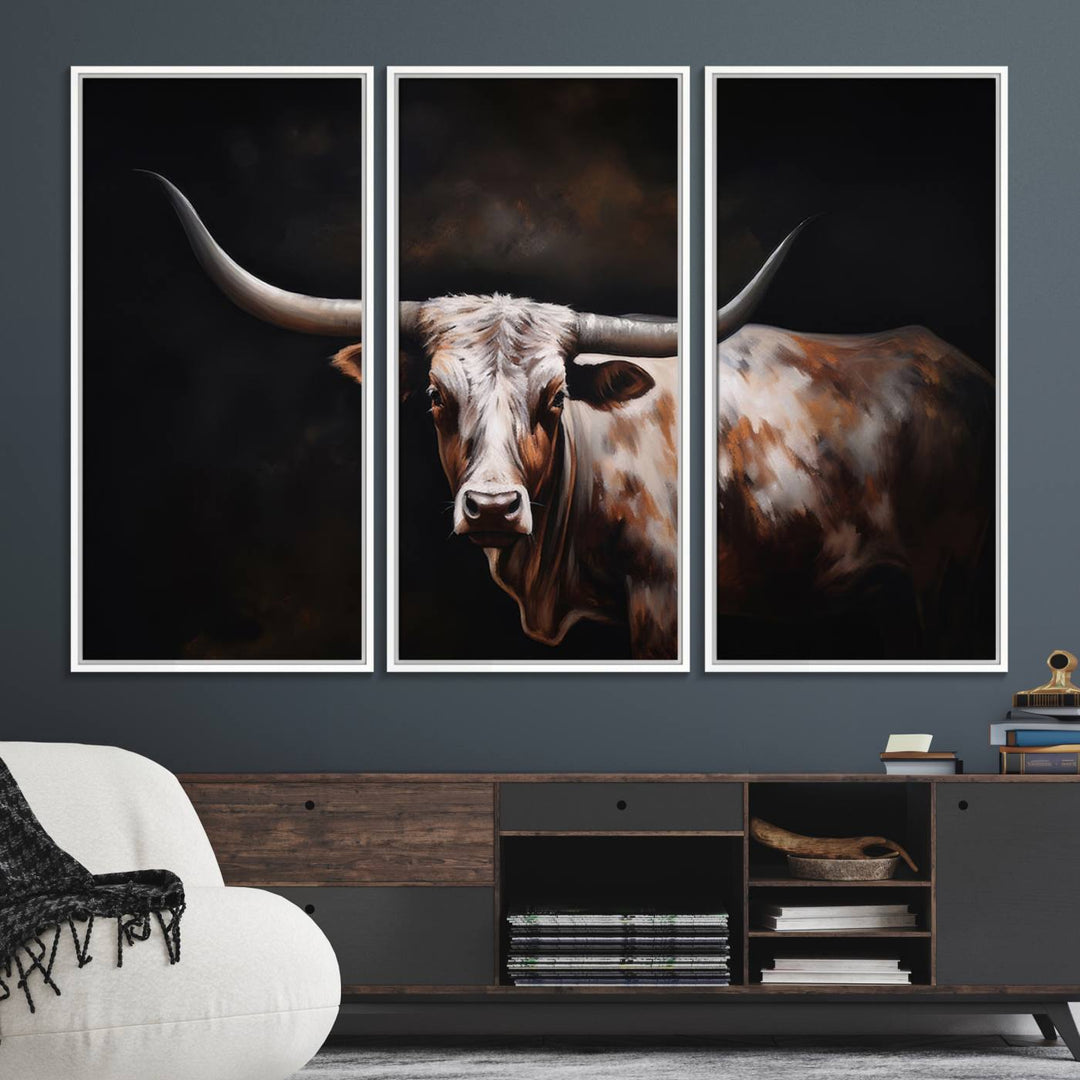 A modern kitchen featuring a Texas Longhorn Wall Art Canvas Print.