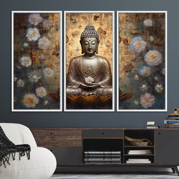 Golden Buddha wall art canvas print on a warm backdrop.