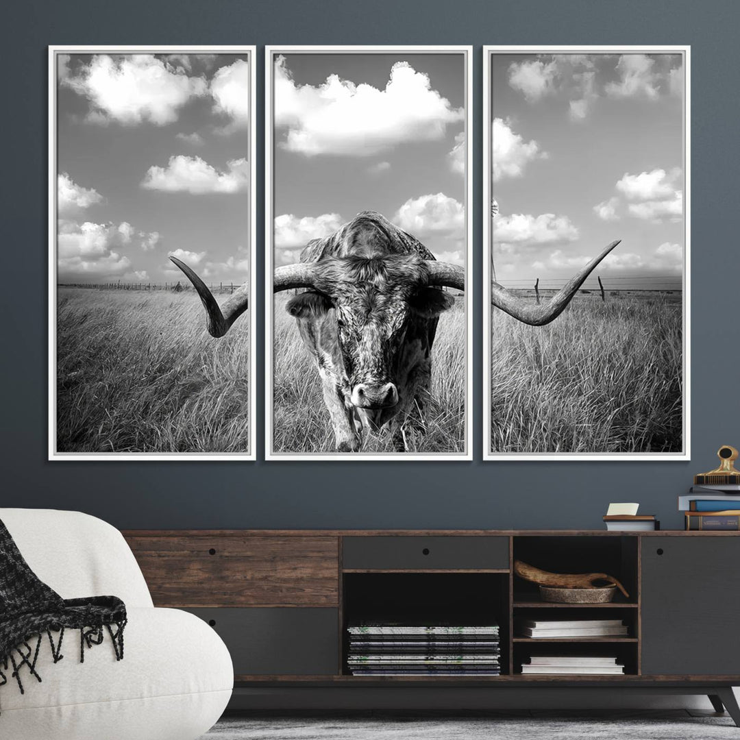 Longhorn Cow Field Canvas Print featuring rustic charm with a windmill backdrop.