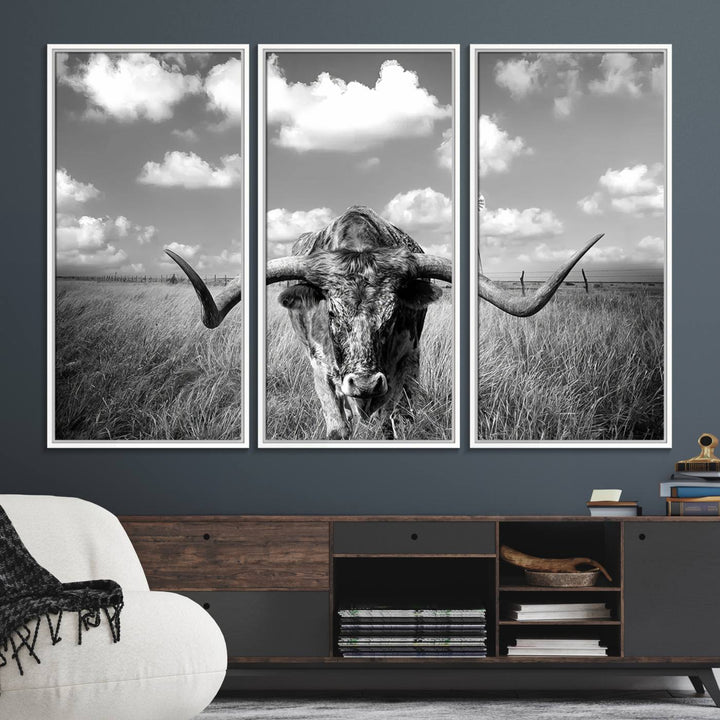 Longhorn Cow Field Canvas Print featuring rustic charm with a windmill backdrop.