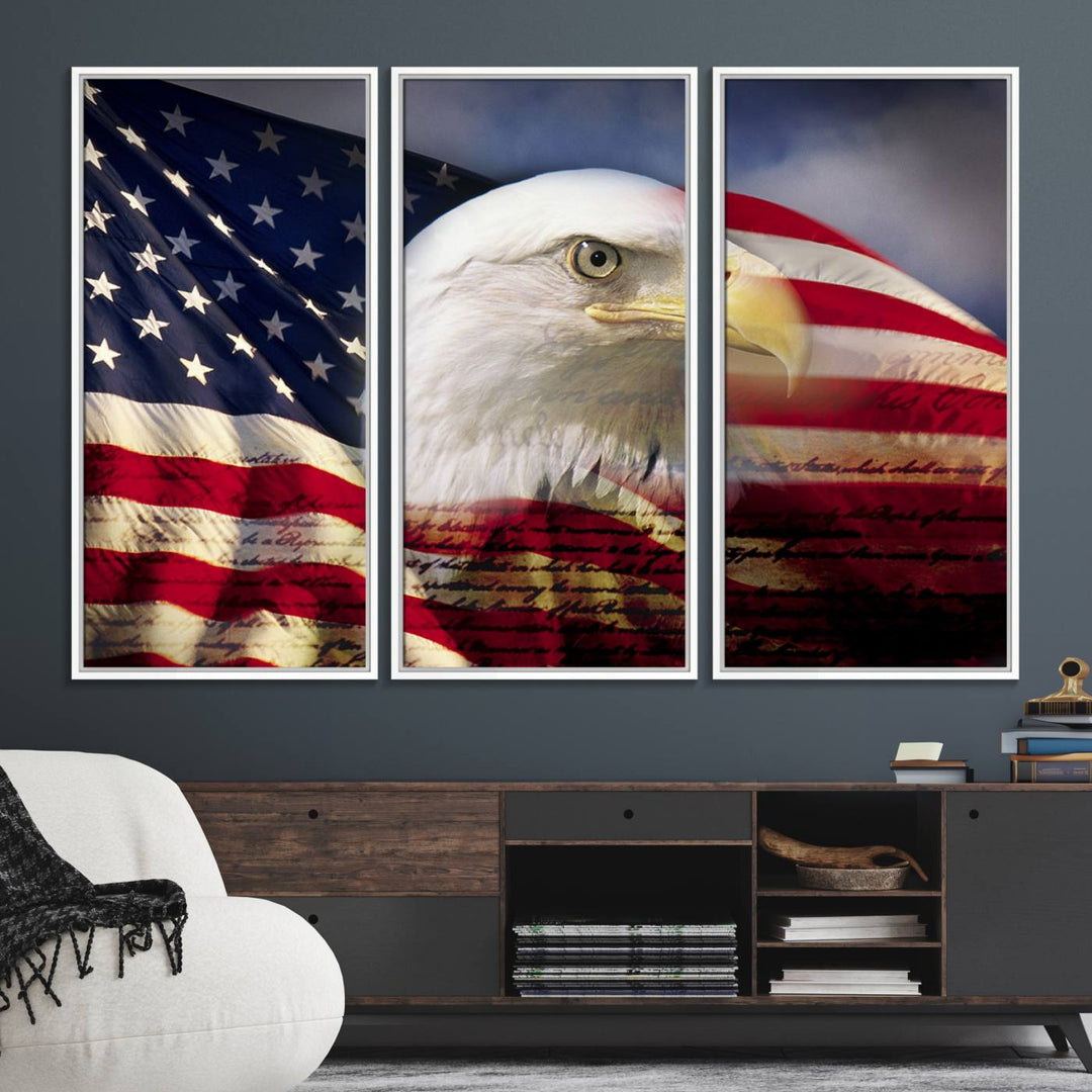 On the wall is an American Flag Eagle Symbol Wall Art Canvas Print.