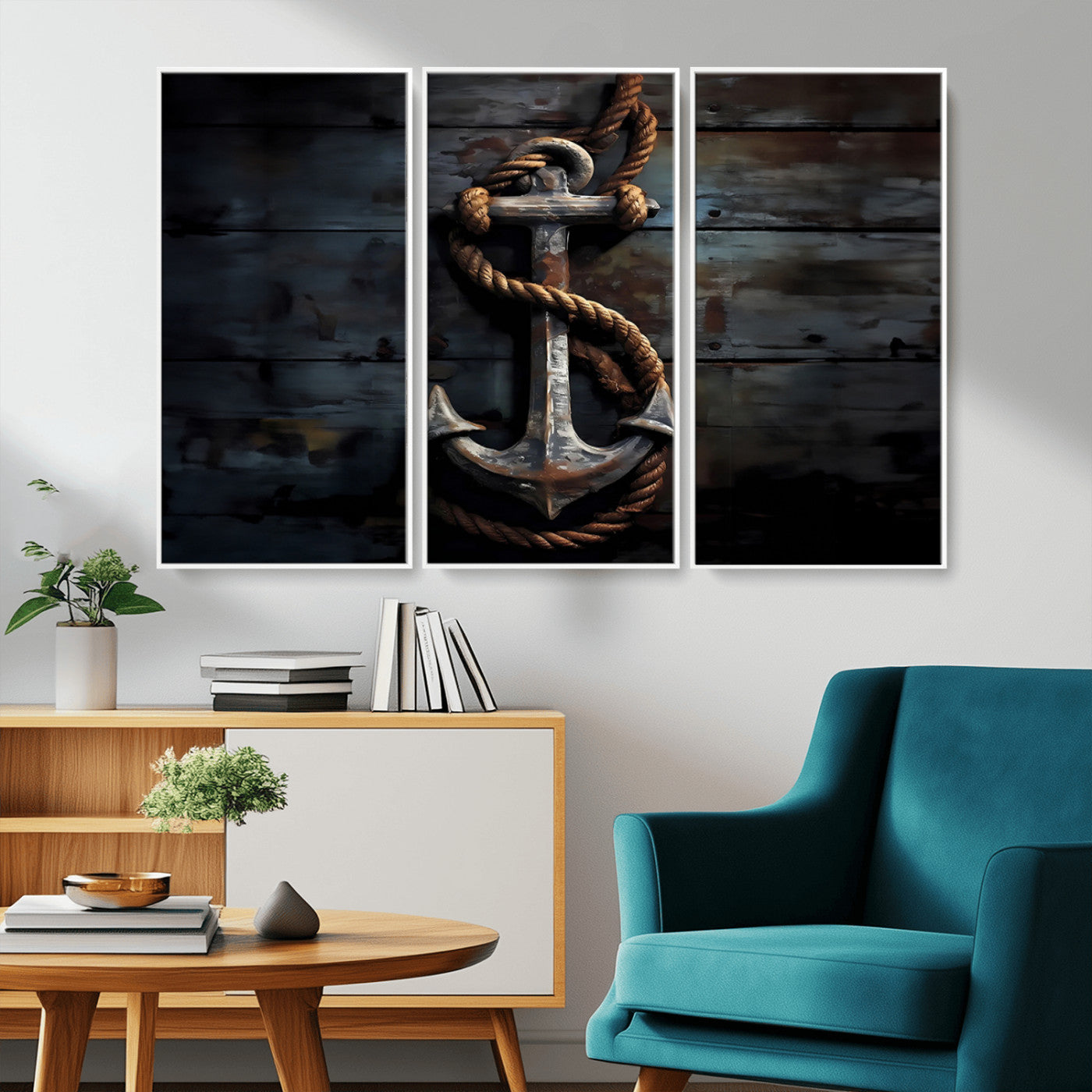 MGV-FC-48X32-3P - 3 Panel Grunge Abstract Anchor Wall Art Canvas Print Set
