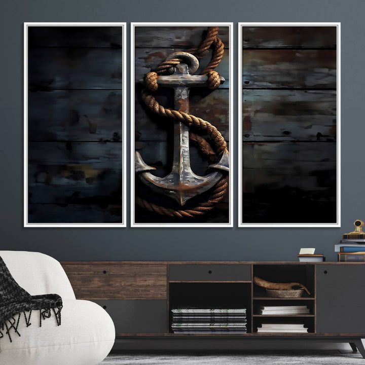 The wooden wall displays a 3 Panel Grunge Abstract Anchor Wall Art Canvas Print Set.