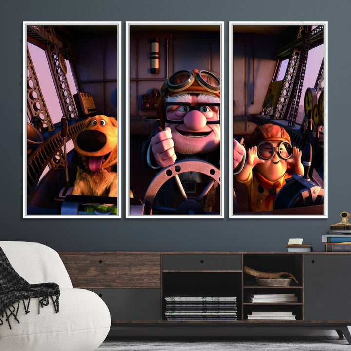 A man, boy, and dog flying a plane are depicted in the Carl Russel & Dog Movie Up wall art.