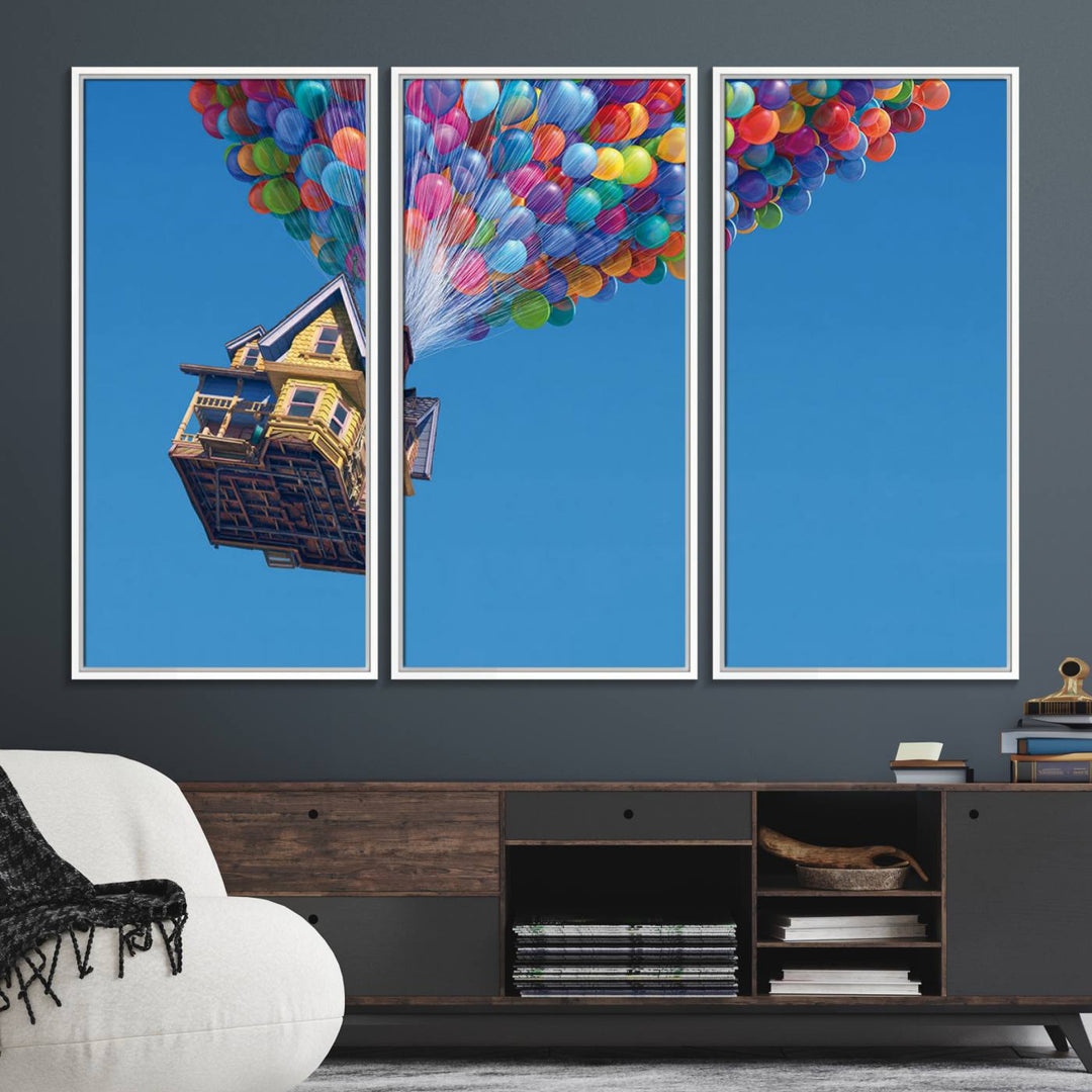 The Up house floats skyward, making it an ideal Carl Fredricksen wall art for kids rooms.