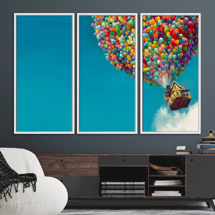 The Carl Fredricksen Up Movie Wall Art, featuring a colorful balloon house, adds vibrant decor to the space.