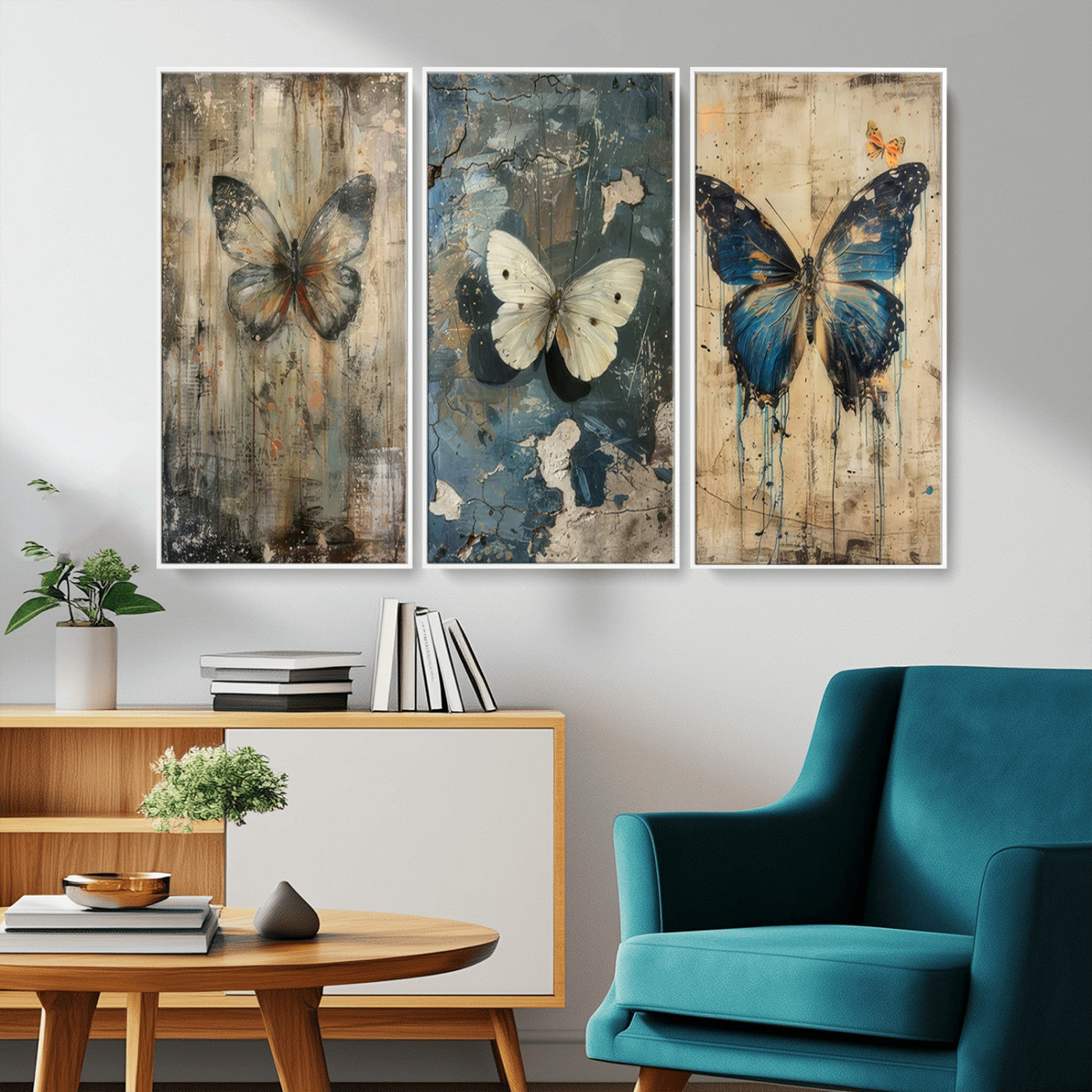 MGV-FC-48X32-3P - Butterfly Wall Art Trio | Vintage Butterfly Canvas Print | Ready to Hang Framed Artwork for