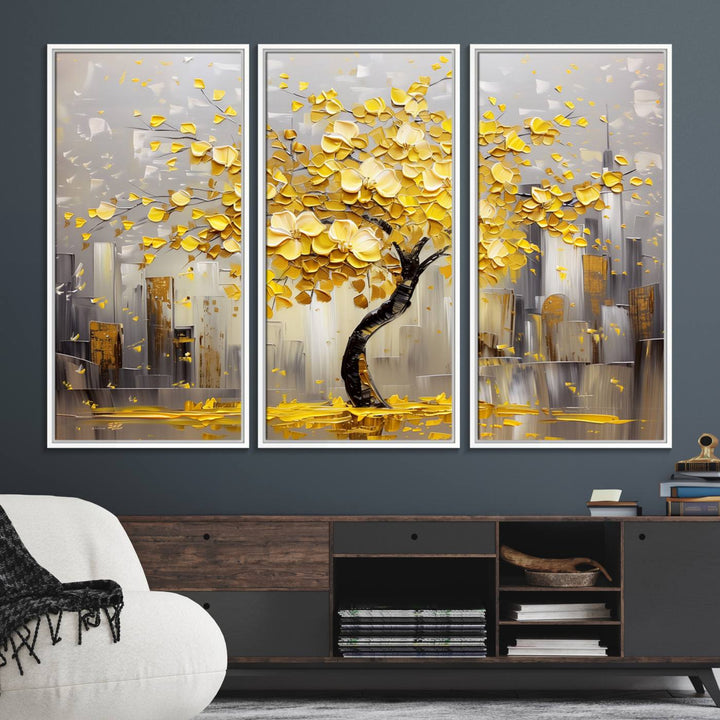 Golden Tree Canvas Print: Abstract wall art featuring golden leaves over a cityscape, ideal for modern homes. Ready to hang.