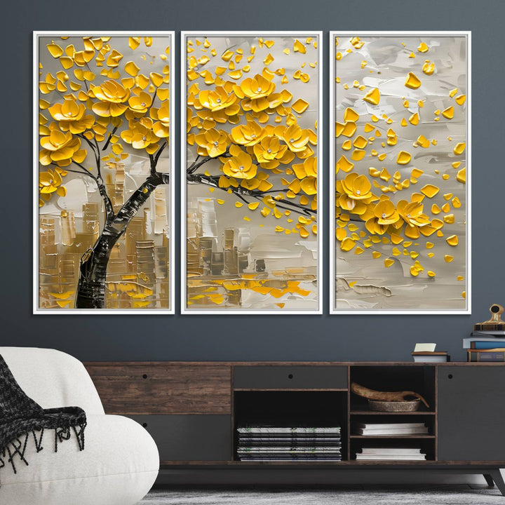 The living room showcases a Yellow Blossom Tree Canvas Wall Art, modern and floral.