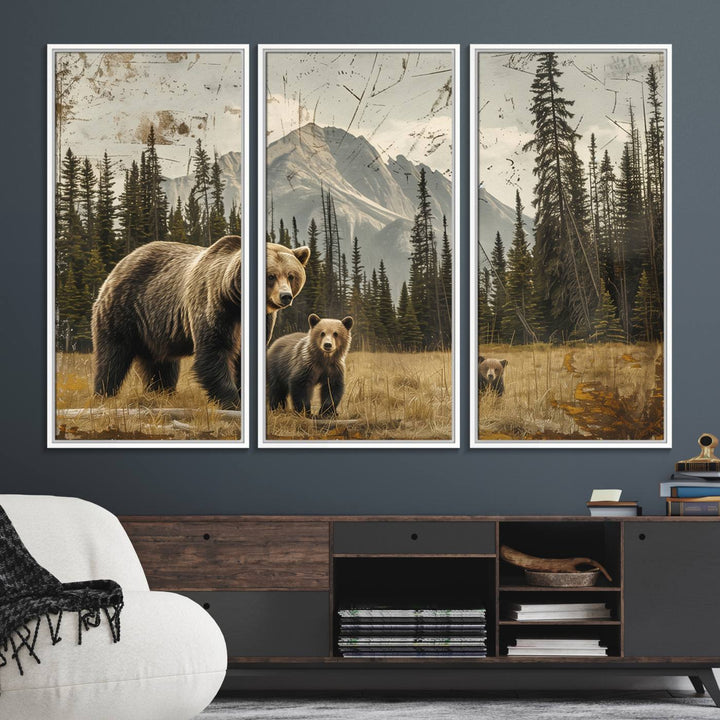 Rustic Grizzly 399: Bear Family Wall Art Canvas Print.