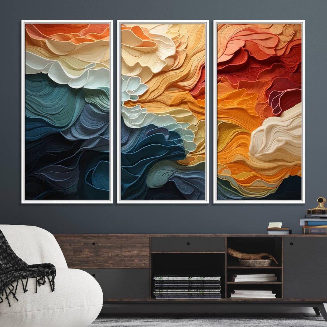 Blue Orange Abstract Wave Wall Art Canvas Print.