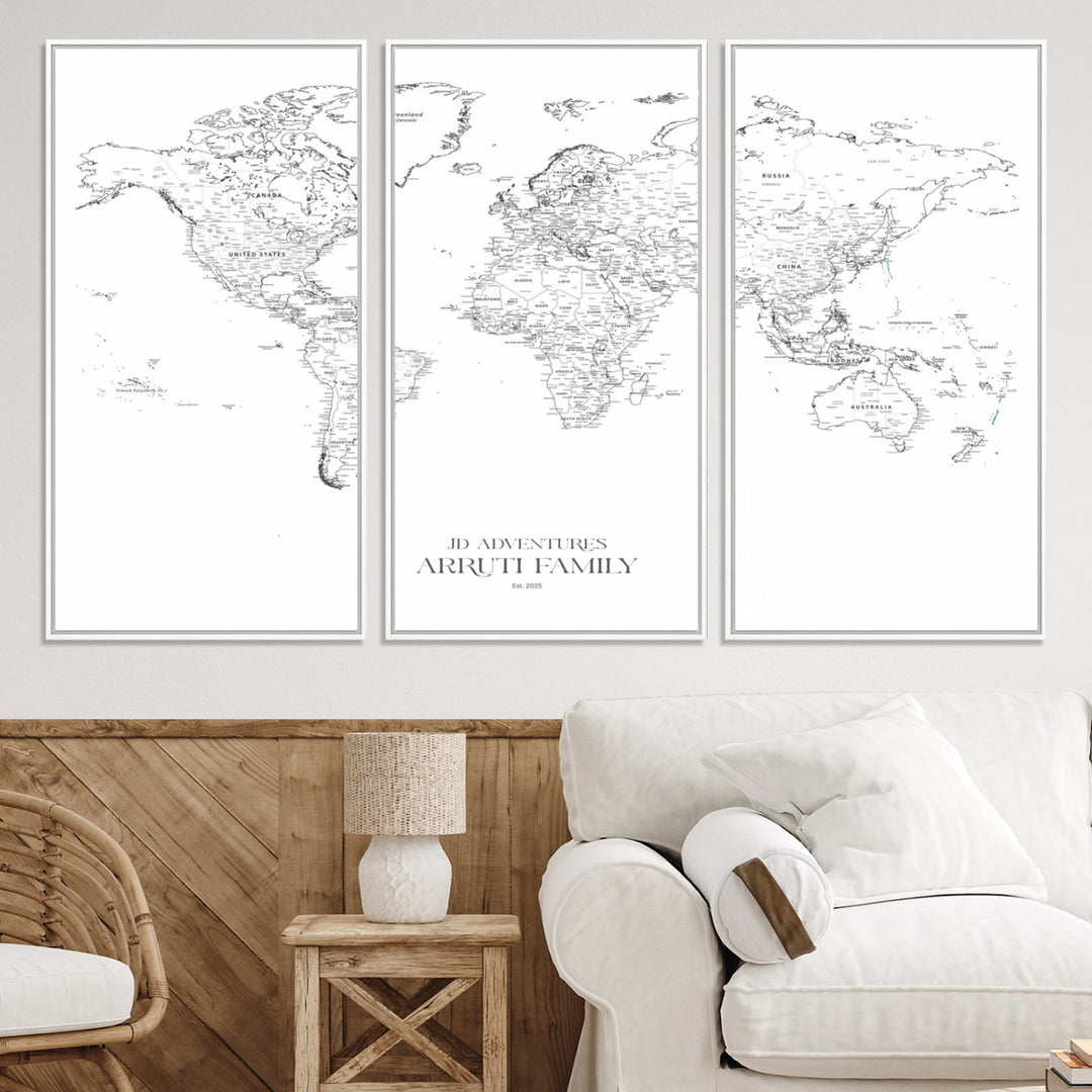 Personalized World Map Wall Art Canvas Print - Custom Push Pin Travel Map Canvas - Framed Map Print for Travel Lover Gift