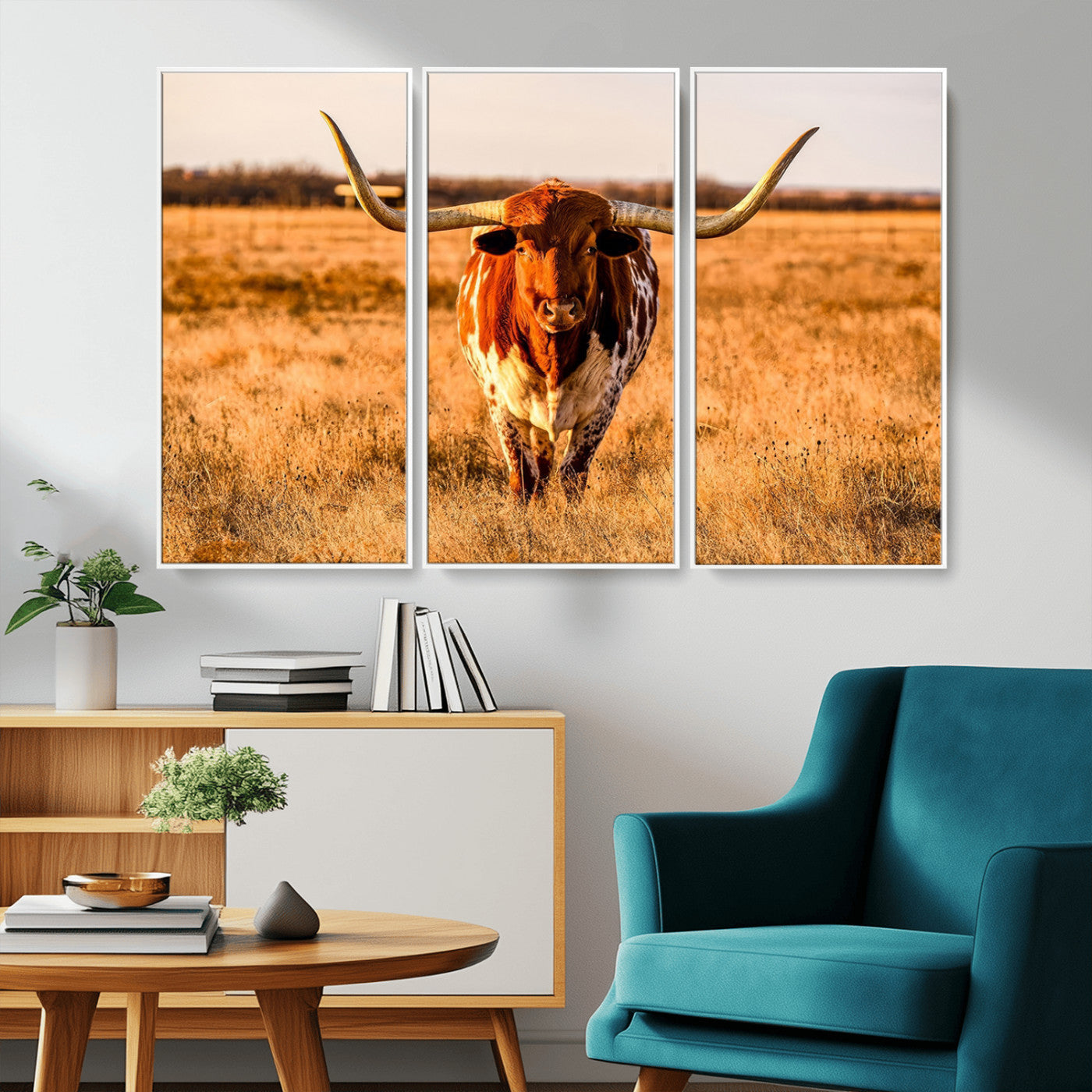 MGV-FC-48X32-3P - Longhorn Cow Wall Art | Ready to Hang Framed Canvas Print for Farmhouse and Barn Decor