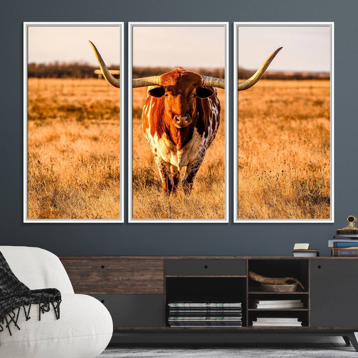 The Longhorn Cow Wall Art framed canvas brings rustic charm and farmhouse decor with its warm field scene.