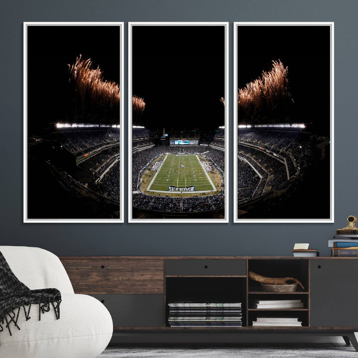 Eagles Stadium Wall Art depicting a nighttime game and fireworks at Lincoln Financial Field.