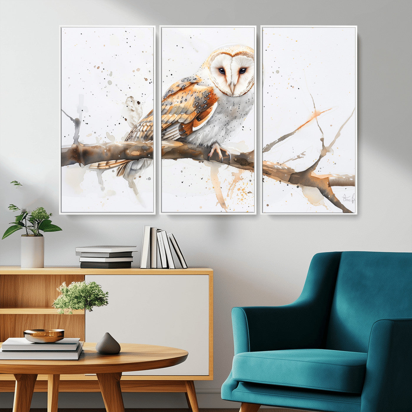 MGV-FC-48X32-3P - Barn Owl Wall Art on Branch | Stunning Canvas Print for Nature Lovers | Ready to Hang and Framed