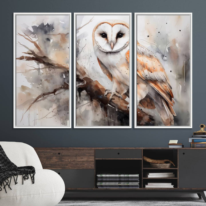 The Barn Owl Wall Art watercolor canvas adds a rustic twist to farmhouse decor.