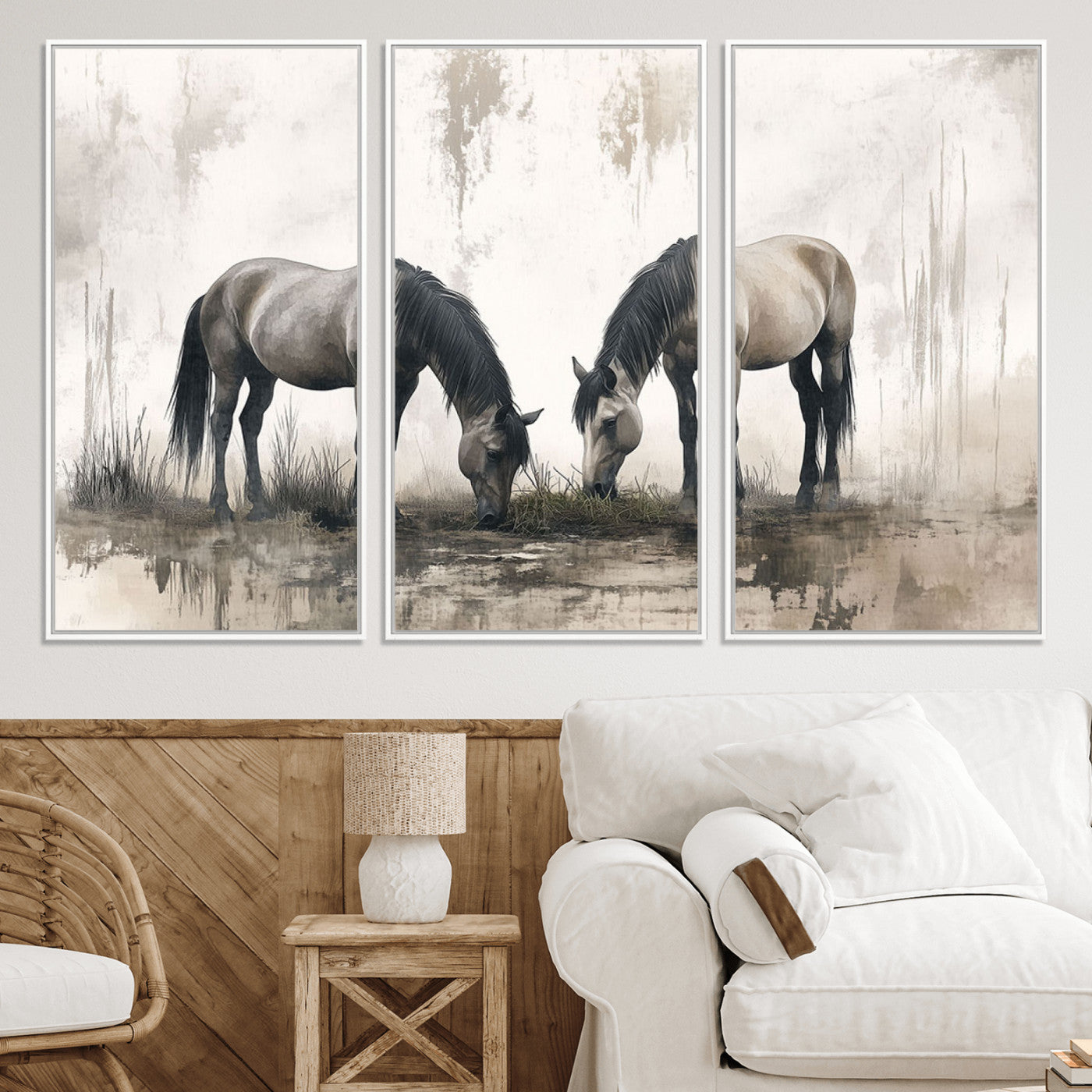 35494-MGV-CV-36X24-Chines Ink Style Vintage Horses Wall Art Canvas Print for Farmhouse Wall Decor