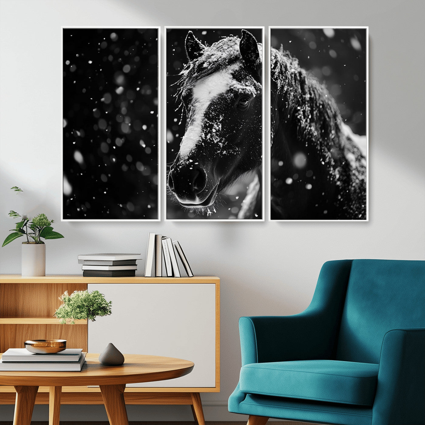 MGV-FC-48X32-3P - Winter Horse Wall Art | Black and White Horse Print | Ready to Hang and Framed | Farmhouse Wall Art