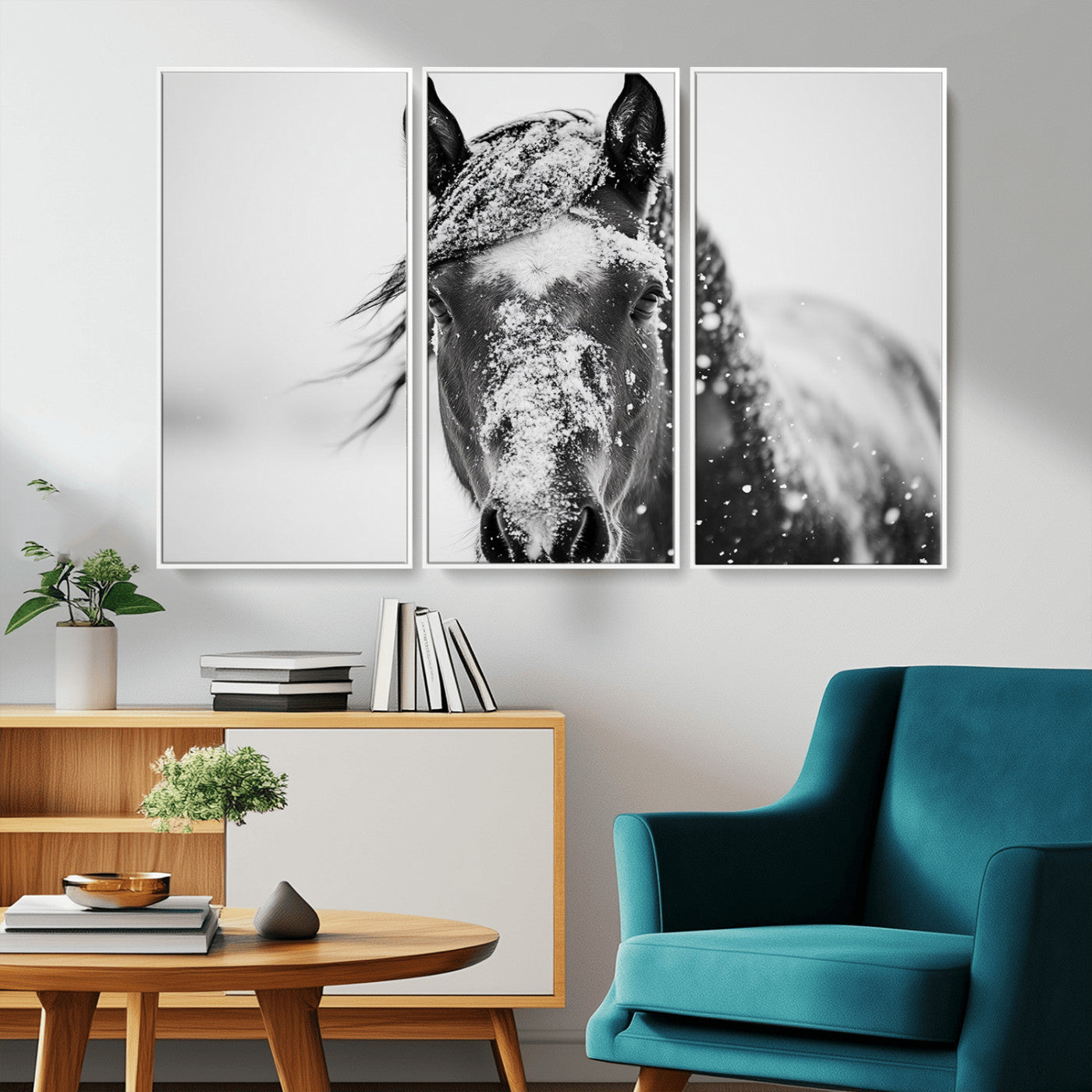MGV-FC-48X32-3P - Western Wall Art | Black and White Winter Horse Wall Art | Ready to Hang and Framed | Farmhouse and