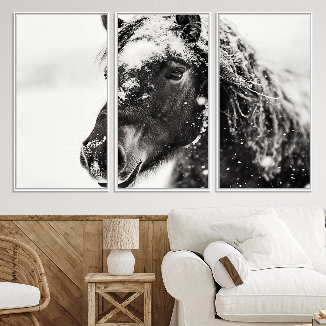 The wall art is a Black and White Horse piece, framed and ready to hang.