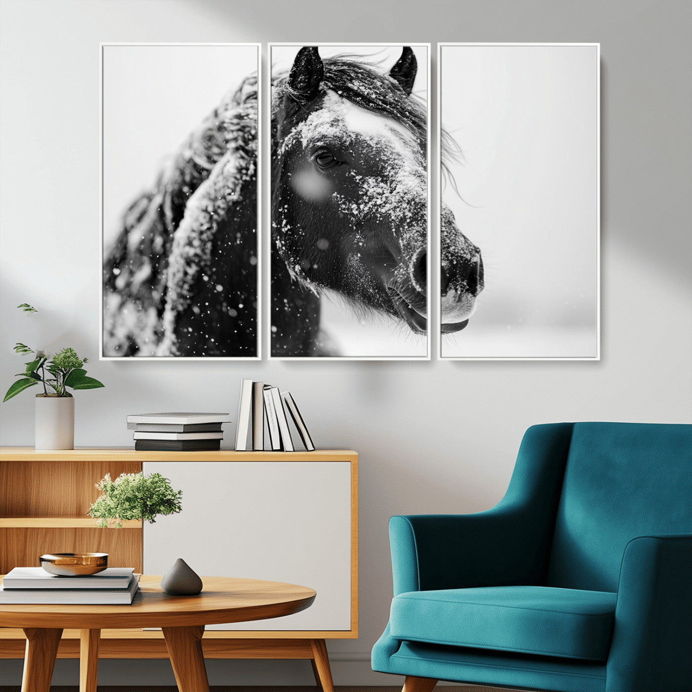 MGV-FC-48X32-3P - Winter Horse Canvas Print | Large 3-Panel Black White Equine Photography for Rustic Farmhouse Wall