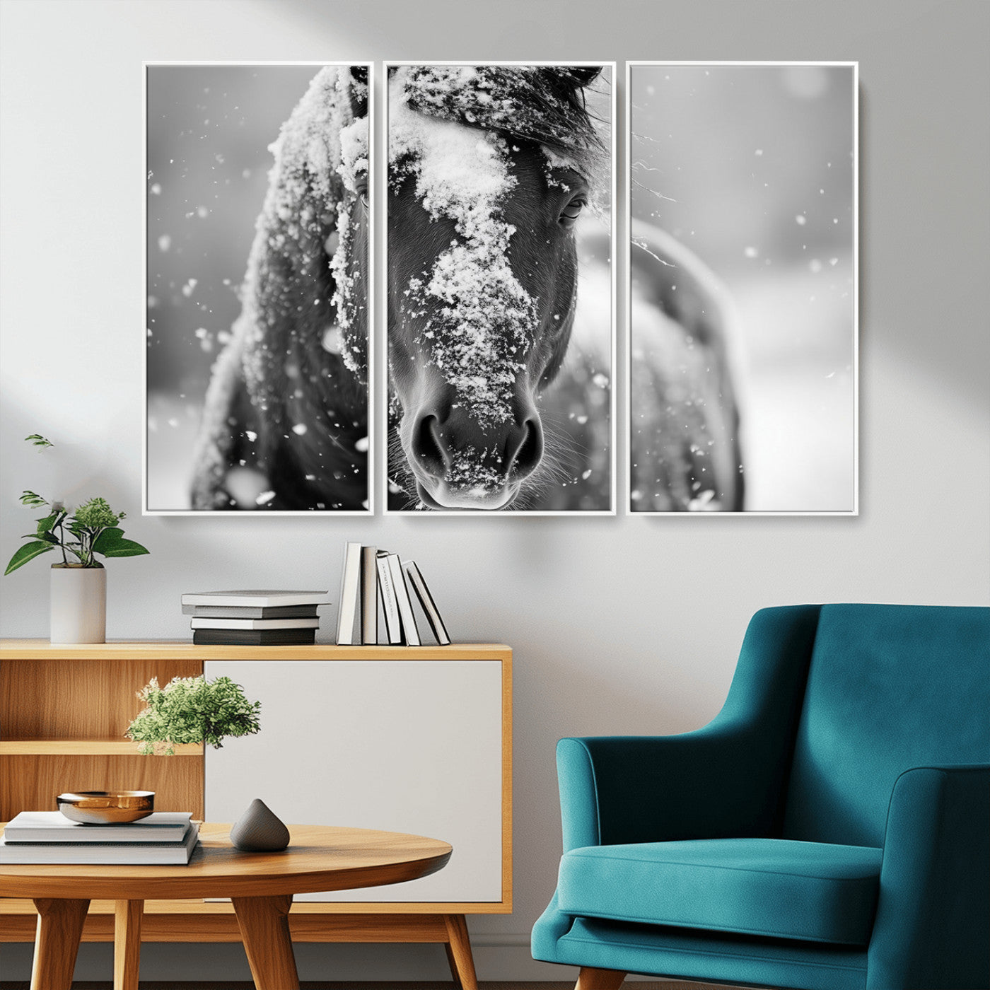 MGV-FC-48X32-3P - Black and White Horse Winter Wall Art | Ready to Hang and Framed | Farmhouse Wall Decor | Western