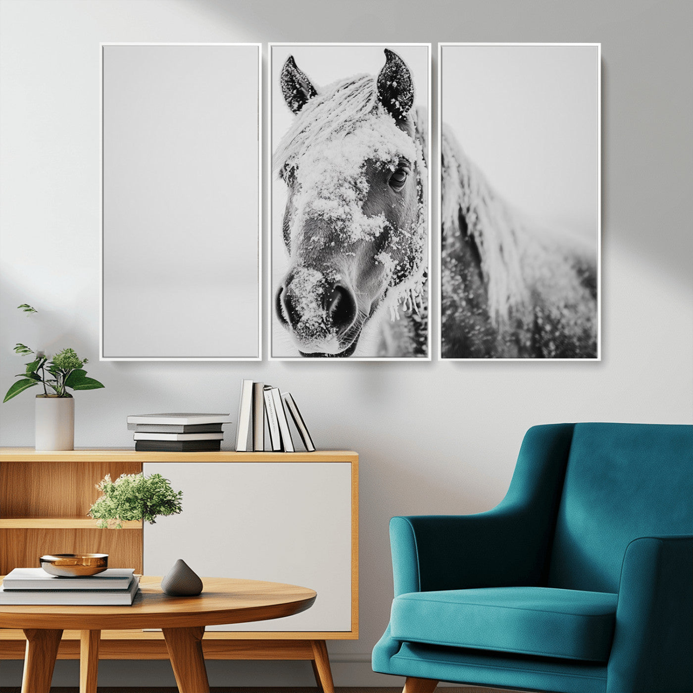 MGV-FC-48X32-3P - White Horse Wall Art | Ready to Hang and Framed | Winter Horse Wall Art Print for Farmhouse and
