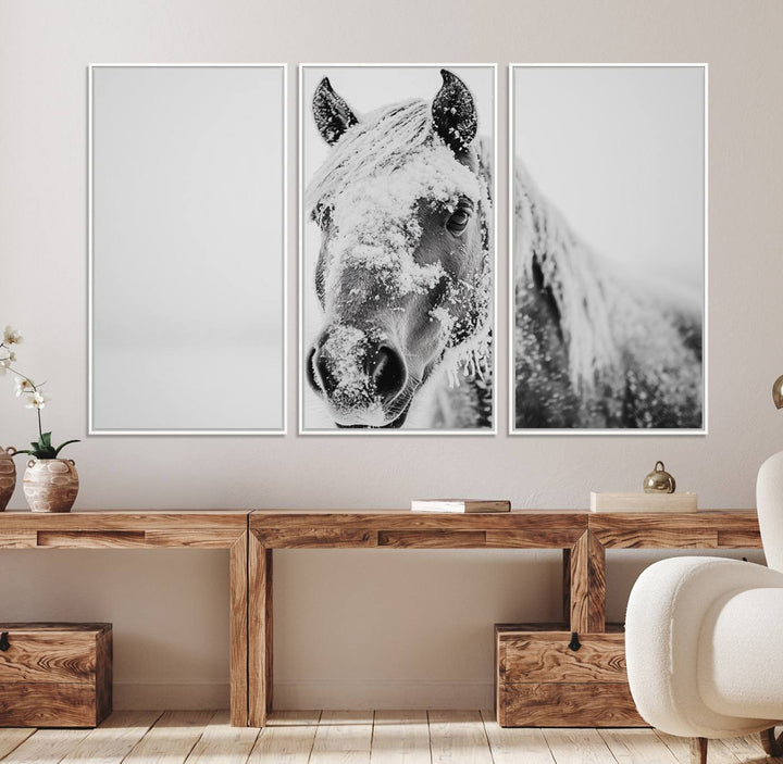 White Horse Wall Art: A black and white photo of a snow-covered horse, framed and ready to hang for farmhouse decor.