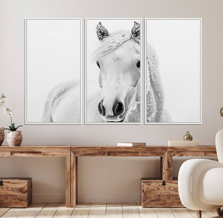 The dining room features the Majestic White Horse Wall Art, adding to its rustic charm.